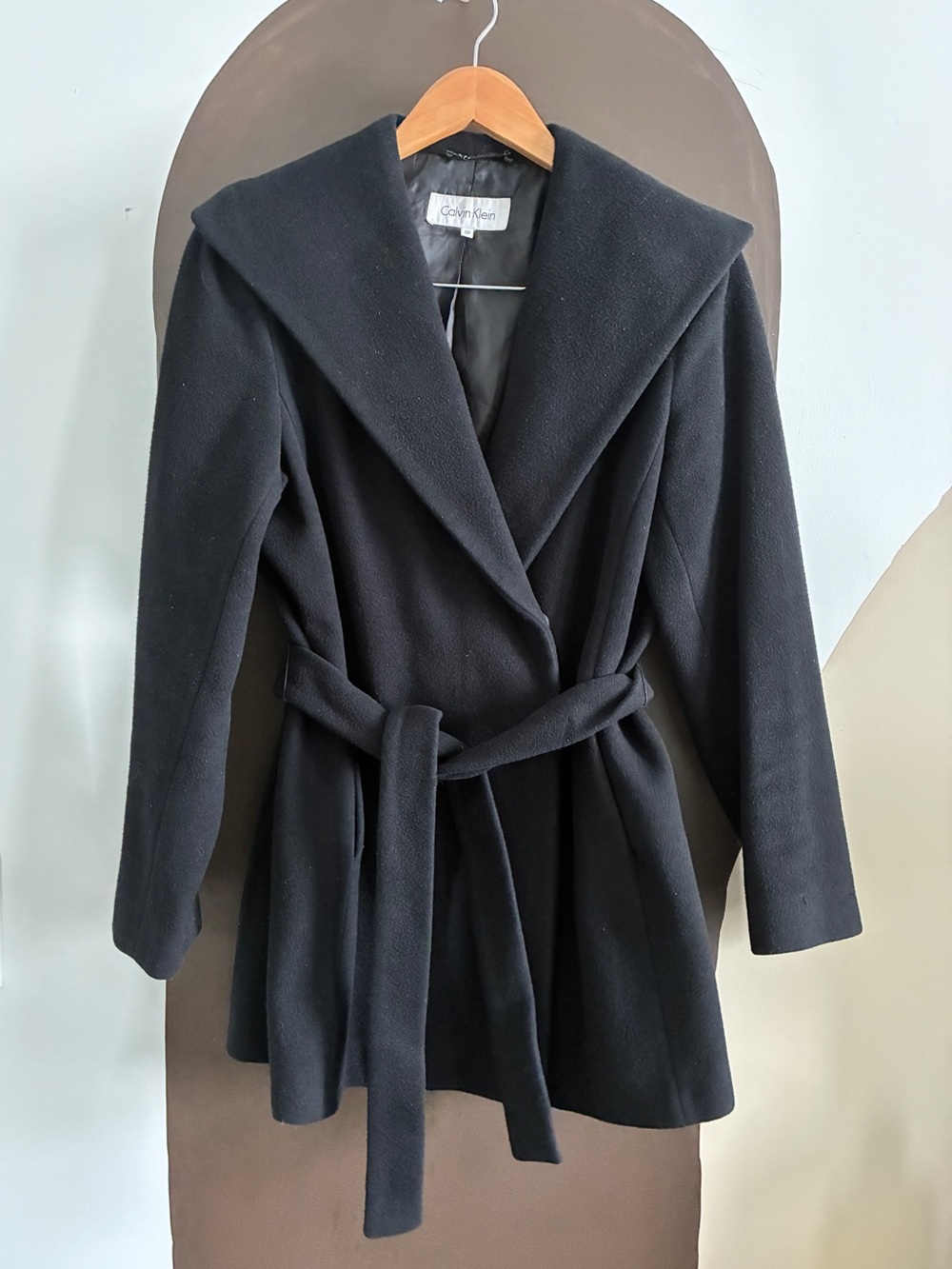 Calvin Klein Wool Black Belted Wrap Coat Peacoat Collar Petite 8P